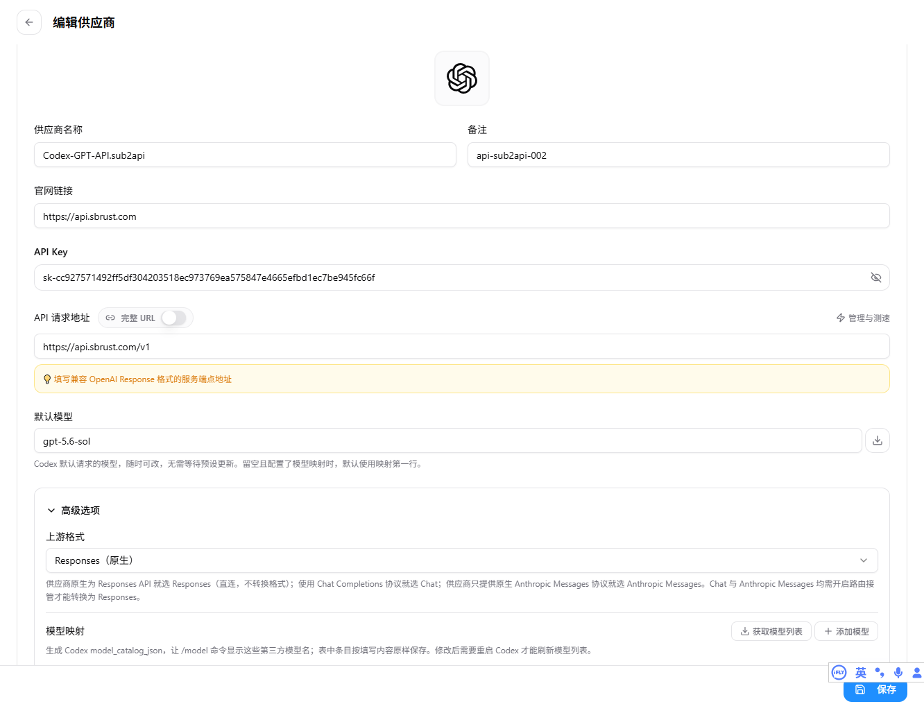CC Switch 编辑供应商页面，API Key 为演示值